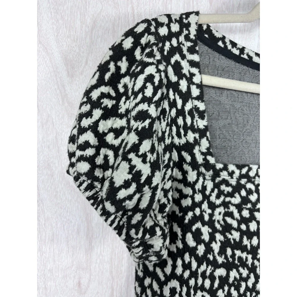 Free People Leopard Top‎ Women's L Black White Puff Sleeve Square Neck Boho Chic